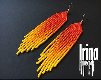 Beaded earrings Fire red seed bead earrings modern earrings fringe earrings  handvowen earrings Red and yellow earrings Boho earrings