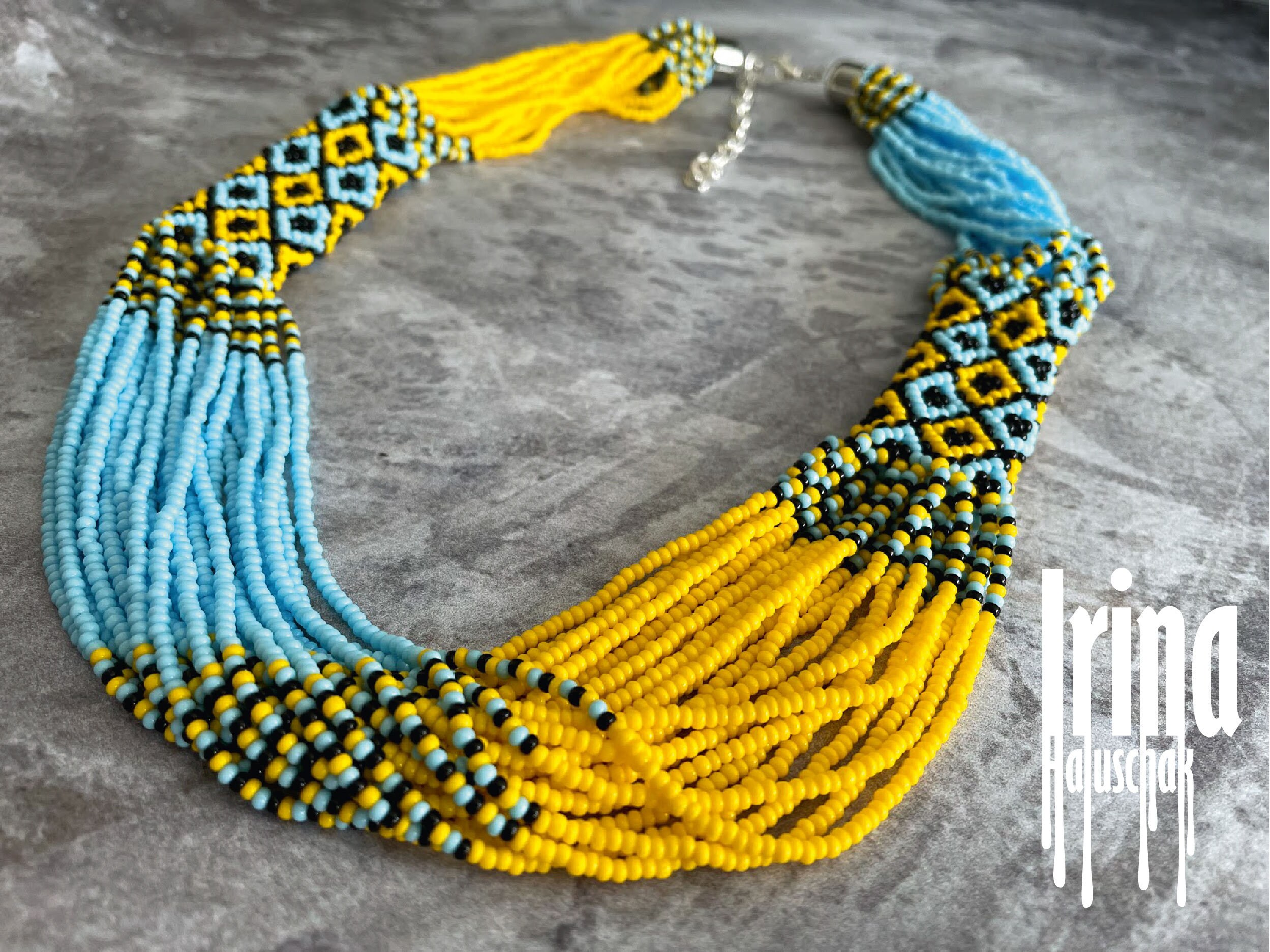 Seed bead multistrand necklace Blye and yellow necklace Etsy