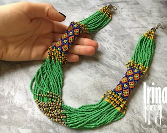 Collar folklórico ucraniano VERDE, collar de cuentas de Ucrania, cuentas de semillas Gerdan Vyshyvanka, collar de cuentas de semillas de varias hebras, collar étnico, collar