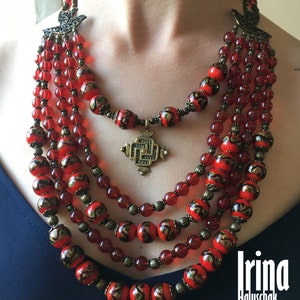 Venetian beads multi strand necklace. Ukrainian traditional necklace with birds. Намисто з гуцульським хрестом image 10