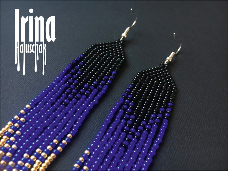 Beaded Earrings Navy Blue and Gold Gradient Seed Bead Earrings Native ...