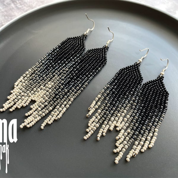 Beaded earrings Black and ivory gradient tassel seed bead earrings Fringe chandelier earrings Gradient dangle earrings Long beaded earrings