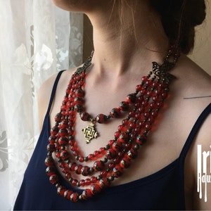 Venetian beads multi strand necklace. Ukrainian traditional necklace with birds. Намисто з гуцульським хрестом image 9