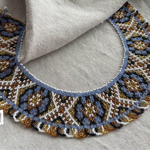 Bead necklace Blue and gold color sylyanka Beaded craft necklace to vyshyvanka Ukraine handmade jewelry Gerdan Bronze handwoven necklace