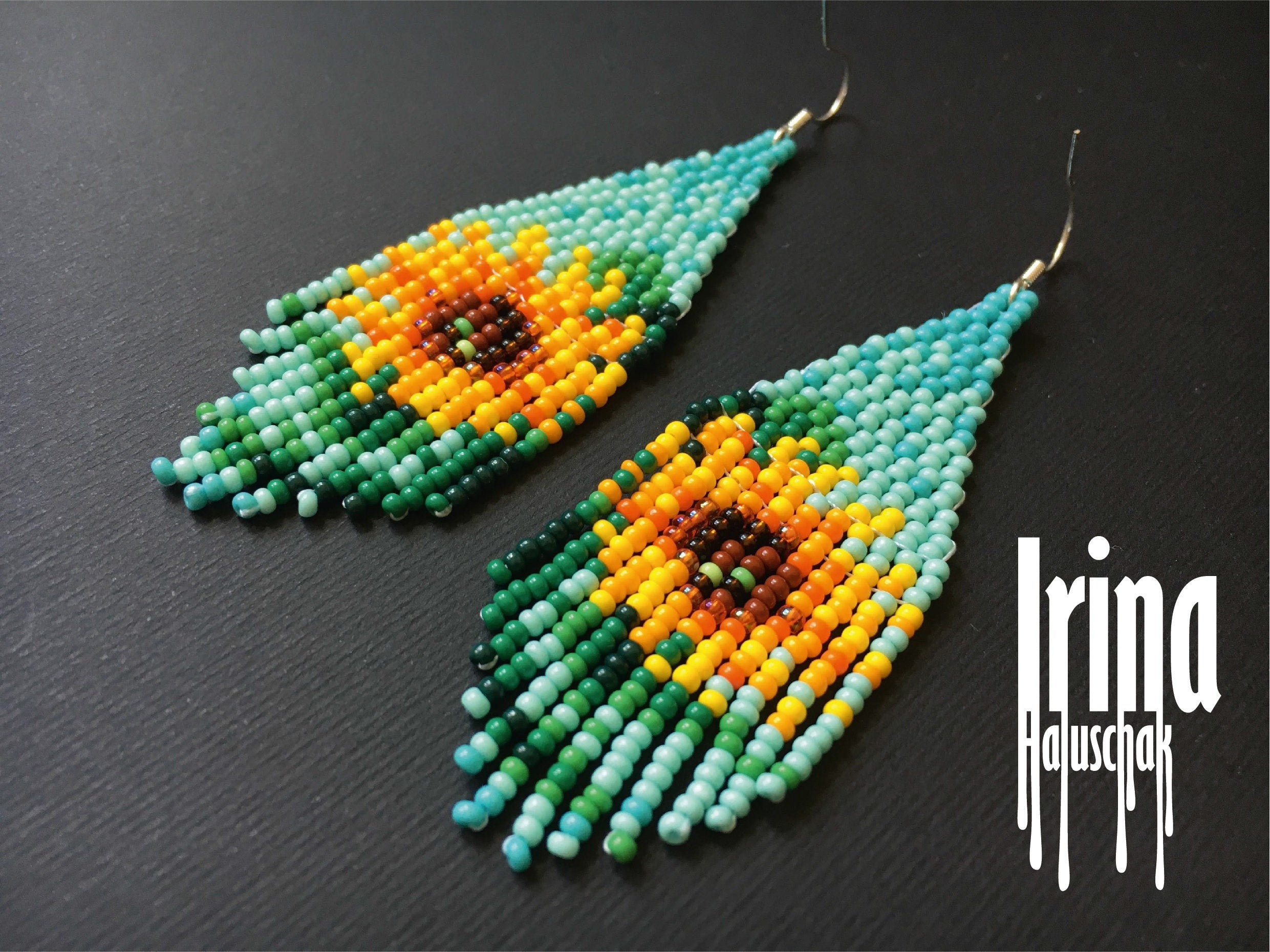 Sunflower beaded earrings Flower seed bead earrings Floral Etsy