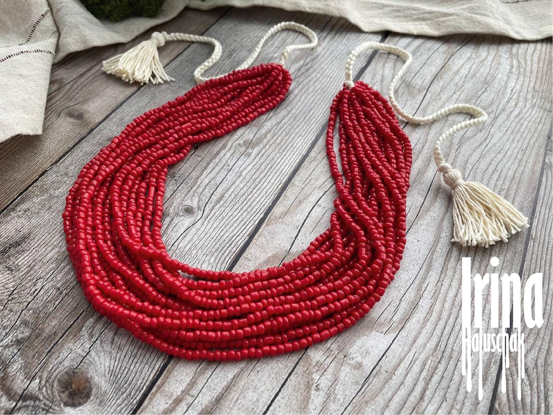 Red Ukrainian Traditional Multi-Row Ceramic Bead Necklace