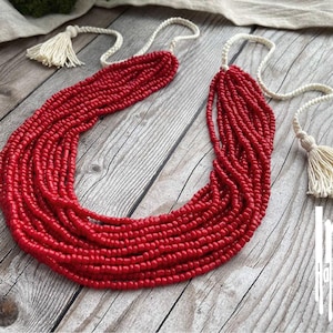 Hearts Red bead necklace in ethnic style Ukraine jewely Namysto Coral color multistrand necklace Vyshyvanka necklace
