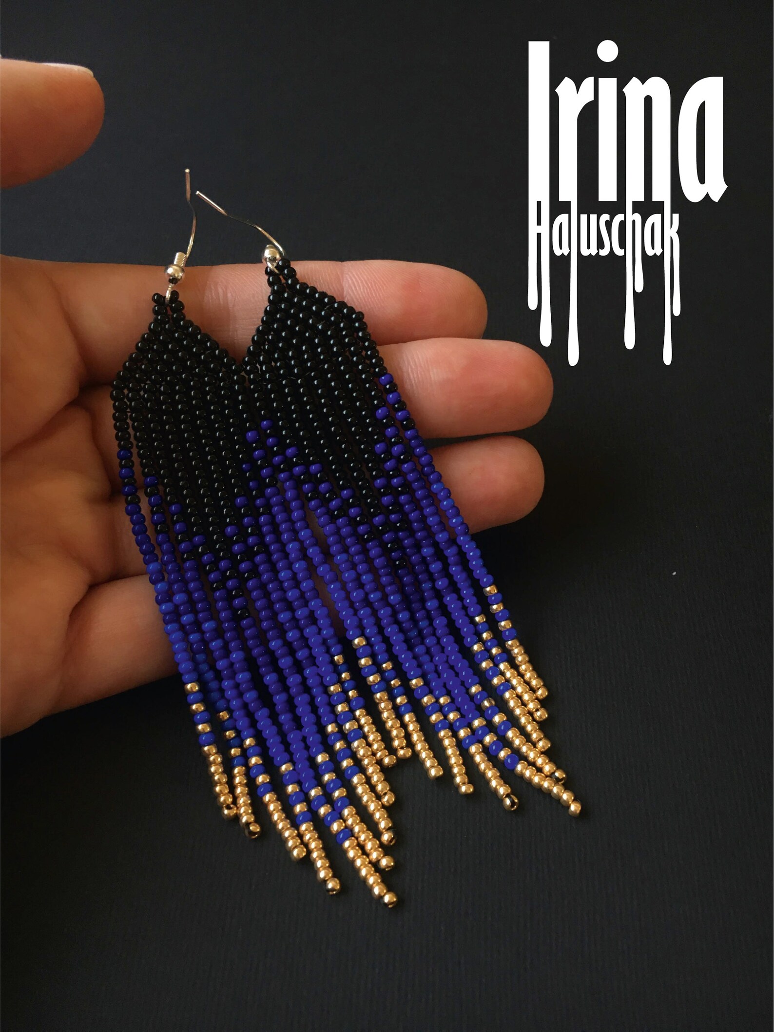 Beaded Earrings Navy Blue and Gold Gradient Seed Bead Earrings Native ...