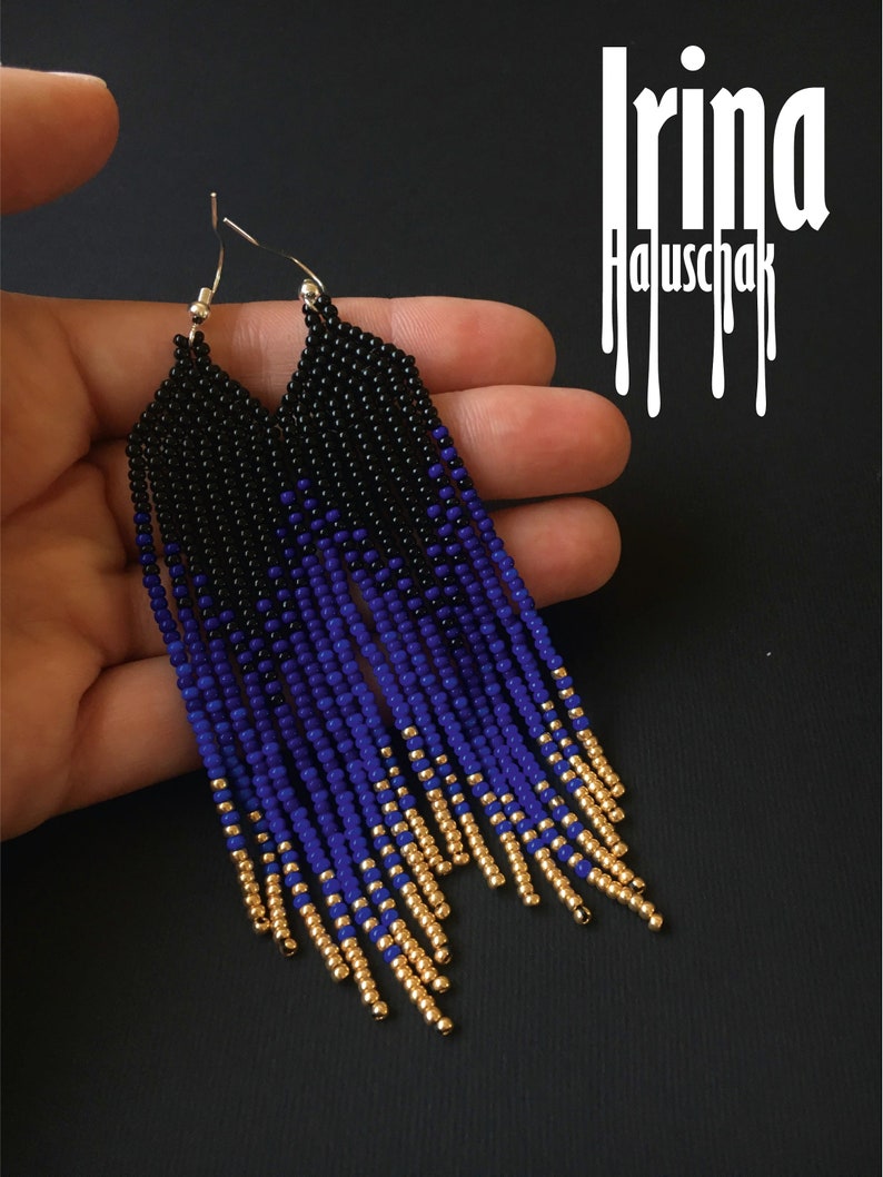 Beaded Earrings Navy Blue and Gold Gradient Seed Bead Earrings Native ...