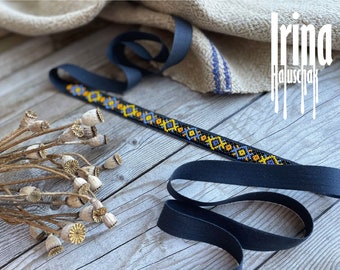 Blue and yellow ribbon necklace Stripe gerdan Ukraine jewelry Ethnic necklace Folk Ukrainian Tie necklace Ukraine flag Bukovyna pattern