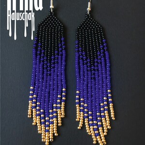 Beaded Earrings Navy Blue and Gold Gradient Seed Bead Earrings Native ...