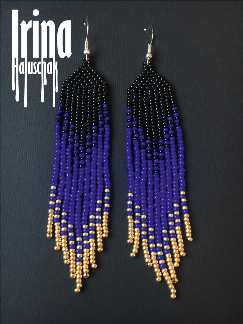 Beaded Earrings Navy Blue and Gold Gradient Seed Bead Earrings Native ...