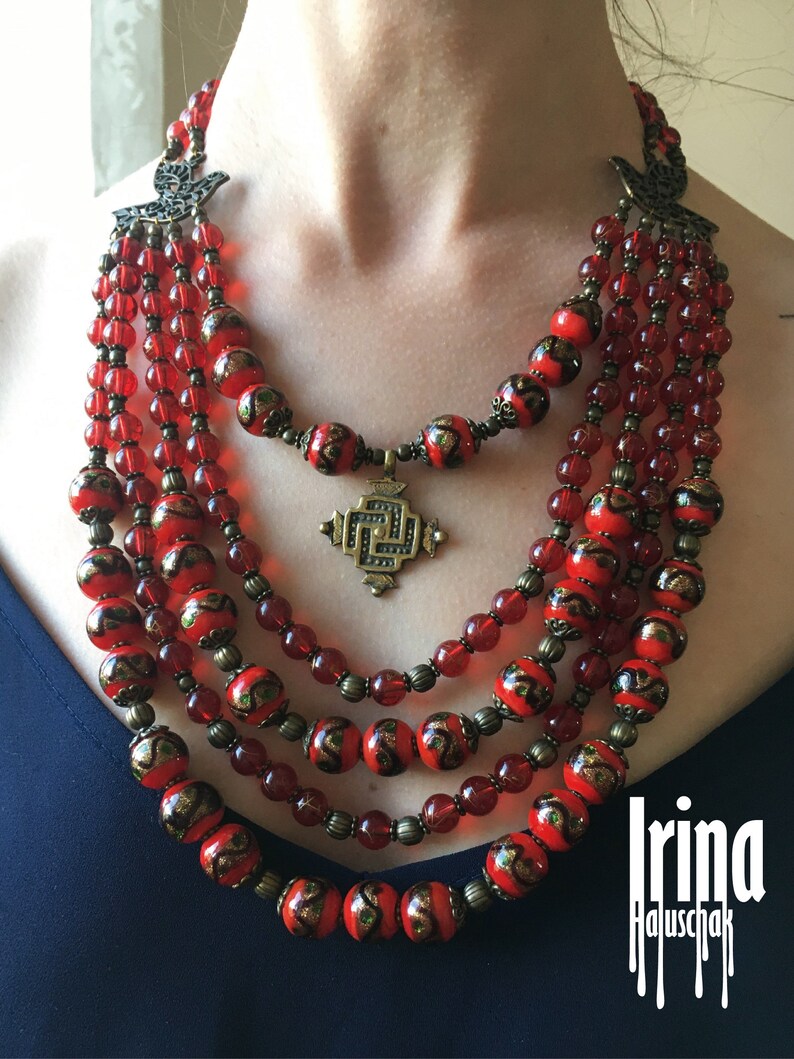 Venetian beads multi strand necklace. Ukrainian traditional necklace with birds. Намисто з гуцульським хрестом image 1