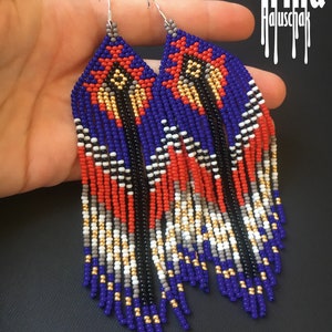 Dark blue Native American style earrings Beaded gold earrings | Etsy