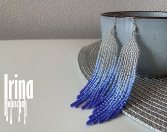 Bead silver earrings Beaded earrings Gradient blue earrings Tassel earrings Fringe earrings Dangle earrings Shiny earrings Craft jewelry