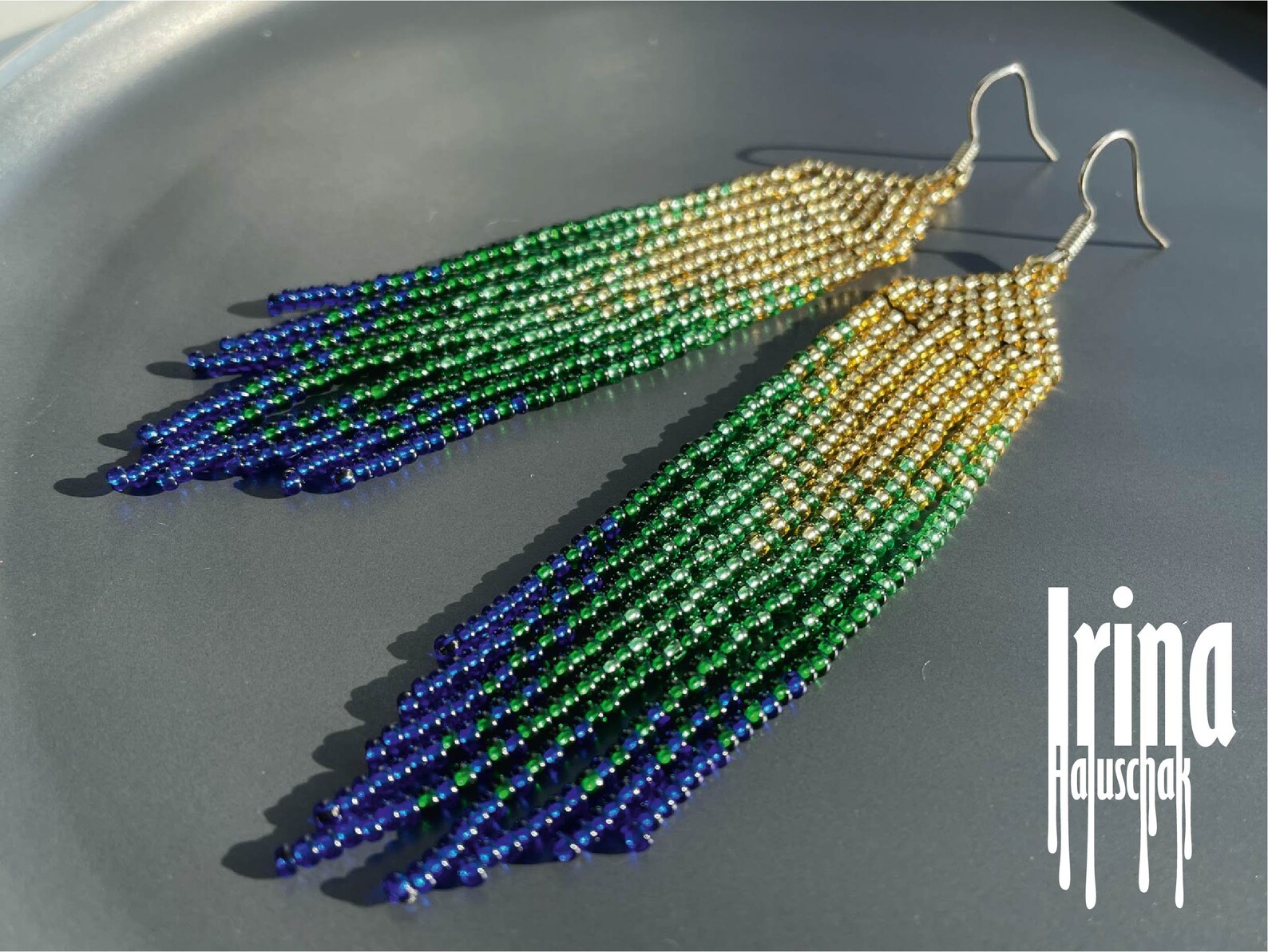 Beaded Earrings Gold Gradient Seed Bead Earrings Blue Tassel Earrings ...