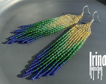 Beaded earrings Gold Gradient seed bead earrings Blue Tassel earrings Green Long Fringe Indian Dangle Bohemian Boho earrings Pastel earrings