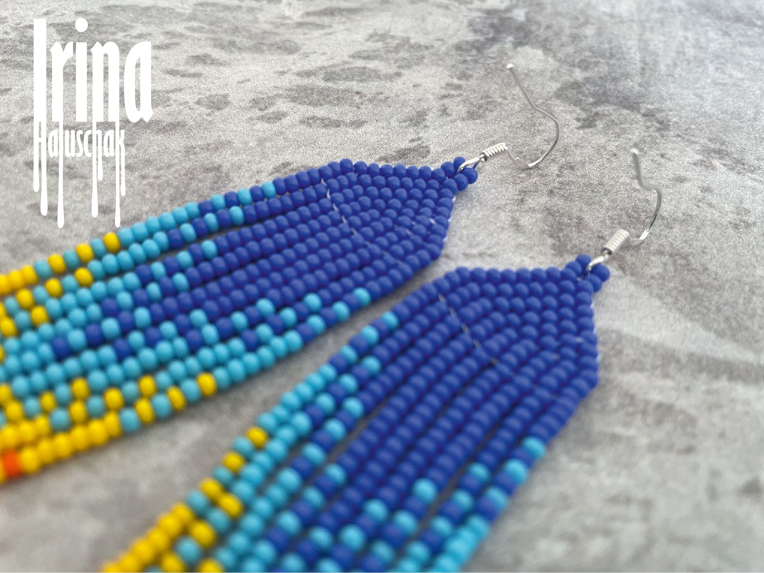 Gradient Blue and Yellow Beaded Earrings Seed Bead Earrings Etsy