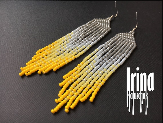 Grey Yellow earrings Coworker gift for her Simple beaded earrings Gray Glass earrings Casual earrings Everyday earrings Cute Gift for Fiend