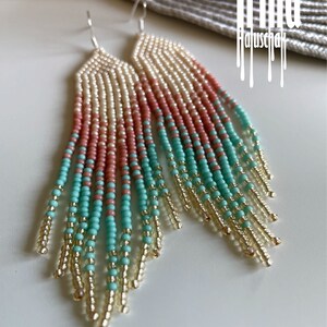 Handwoven earrings Bead earrings Craft seed bead chandelier earrings Fringe earrings Pink earrings Turquoise earrings Gold boho Tassel image 8