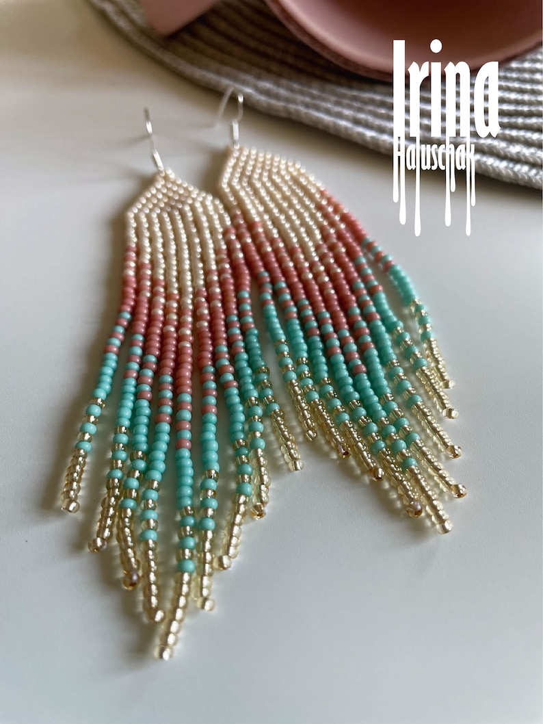 Handwoven earrings Bead earrings Craft seed bead chandelier earrings Fringe earrings Pink earrings Turquoise earrings Gold boho Tassel image 8