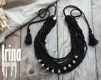 Black bells beaded necklace Multistrand folk necklace Ukrainian jewelry Ethnic style necklace Boho jewelry Seed bead black necklace