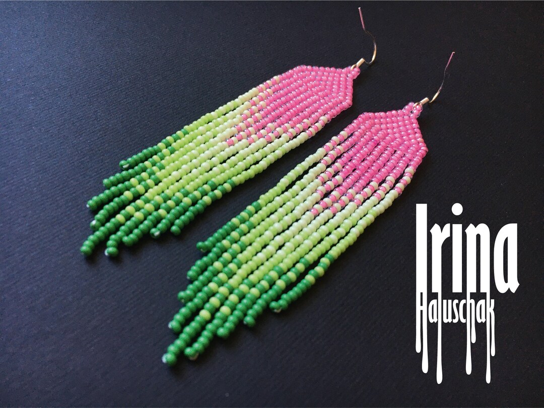 Candy Pink Beaded Earrings Long Green Seed Bead Earrings Chandelier ...