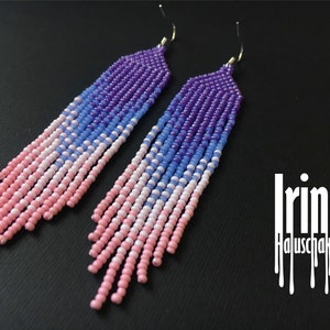 Violet and pink Beaded earrings Gradient seed bead earrings Tassel earrings Long Fringe Indian Dangle Bohemian Boho earrings Pastel earrings