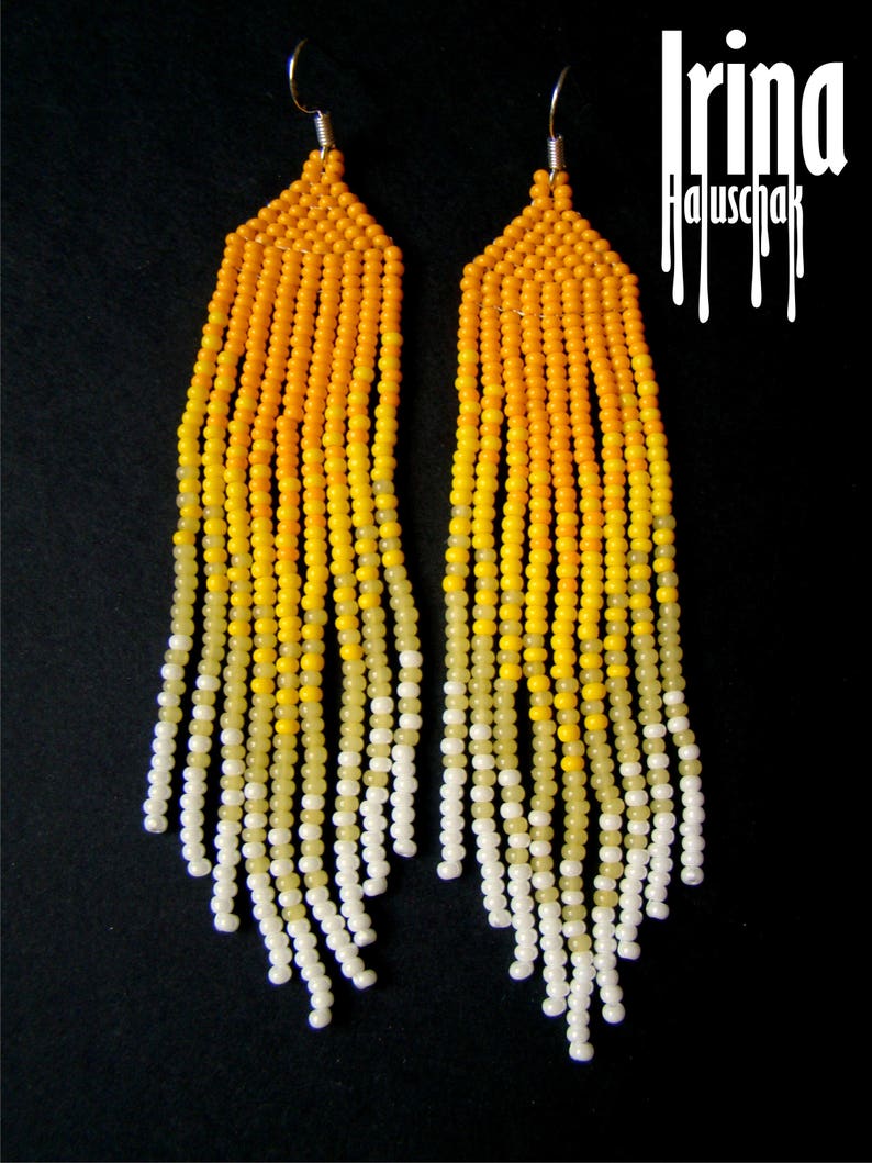 Long Gradient Yellow Earrings Beaded Earrings Seed Beads Etsy