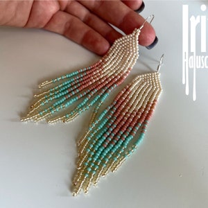 Handwoven earrings Bead earrings Craft seed bead chandelier earrings Fringe earrings Pink earrings Turquoise earrings Gold boho Tassel image 7