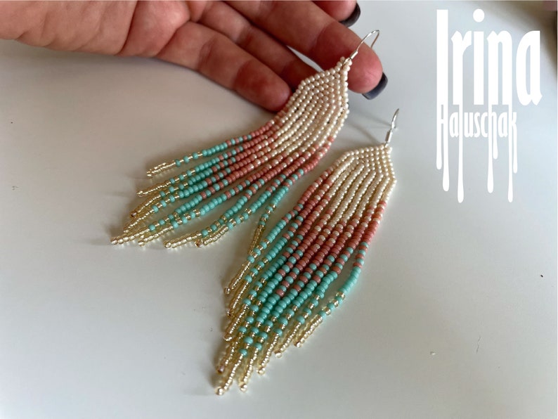 Handwoven earrings Bead earrings Craft seed bead chandelier earrings Fringe earrings Pink earrings Turquoise earrings Gold boho Tassel image 7