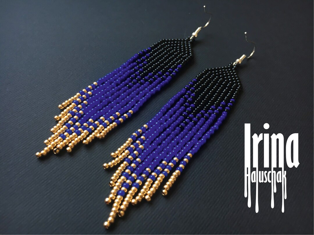 Beaded Earrings Navy Blue and Gold Gradient Seed Bead Earrings Native ...