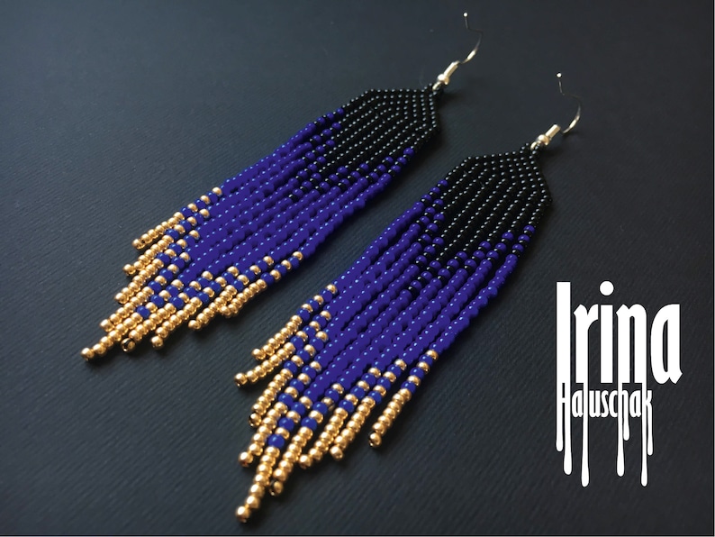 Beaded Earrings Navy Blue and Gold Gradient Seed Bead Earrings Native ...