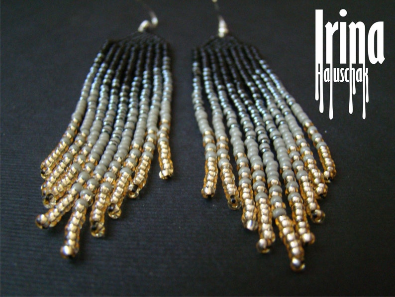 boho earrings seed bead earrings gradation from black to light gold beadwork jewelry Beaded earrings modern earrings fringe earrings