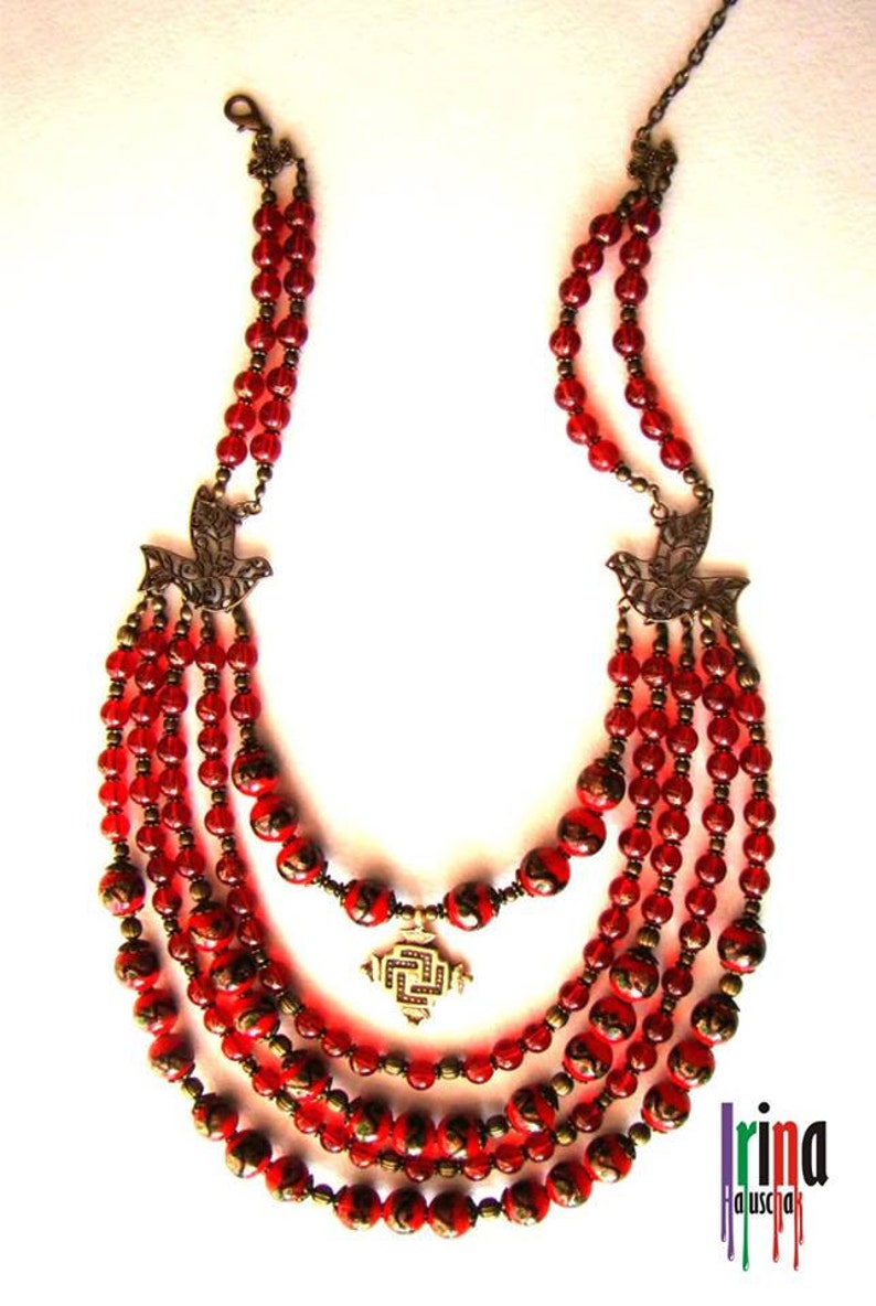 Venetian beads multi strand necklace. Ukrainian traditional necklace with birds. Намисто з гуцульським хрестом image 2