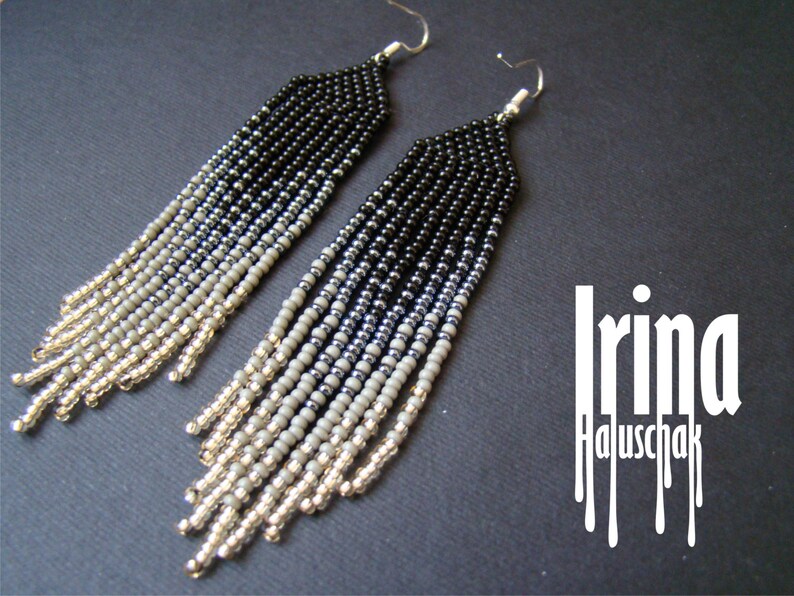 boho earrings seed bead earrings gradation from black to light gold beadwork jewelry Beaded earrings modern earrings fringe earrings