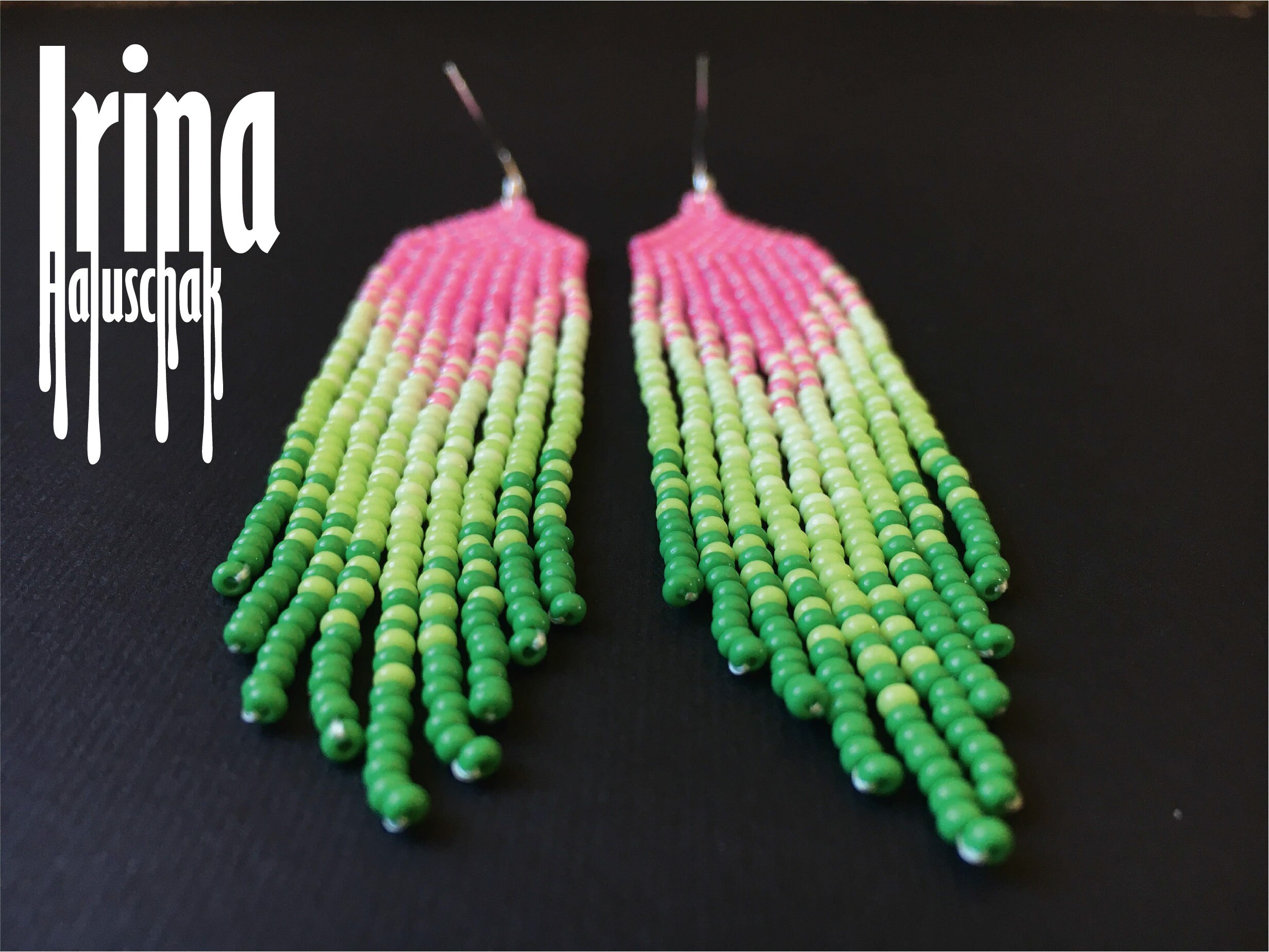Candy Pink Beaded Earrings Long Green Seed Bead Earrings Chandelier ...