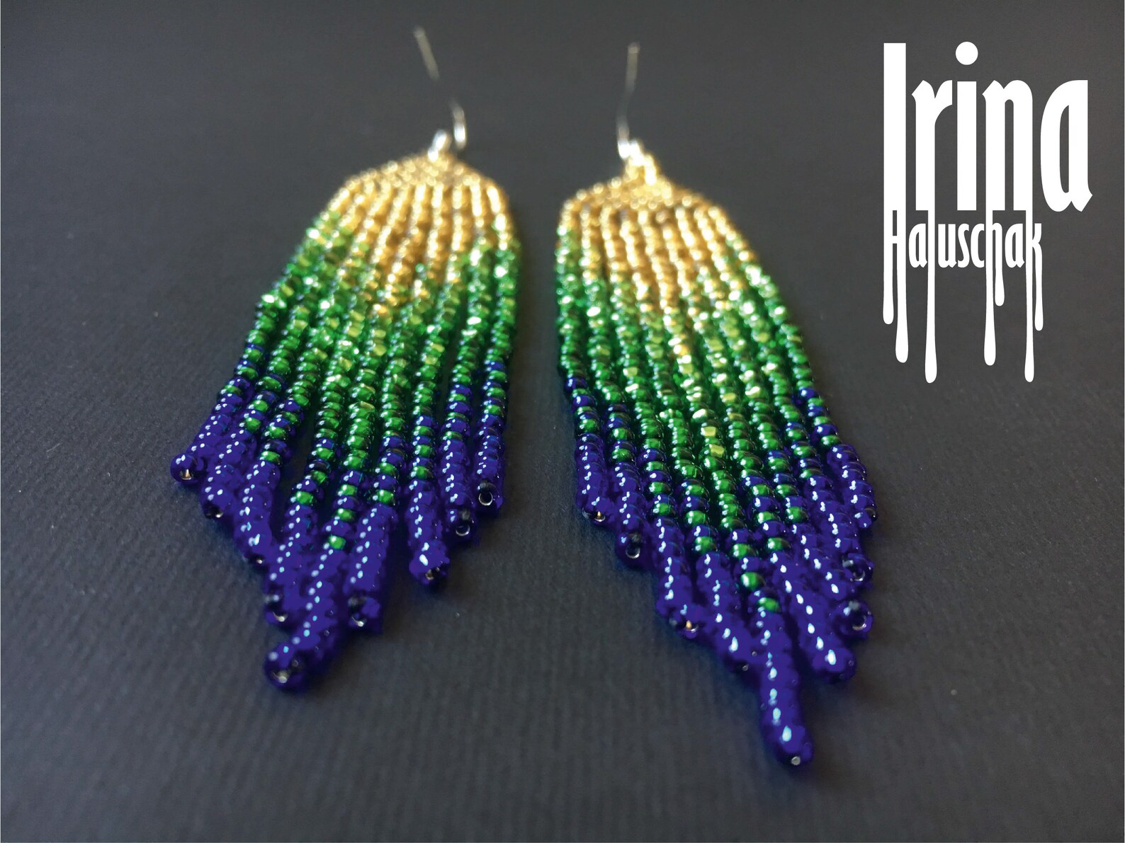 Beaded Earrings Gold Gradient Seed Bead Earrings Blue Tassel Earrings ...