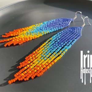 Gradient blue and yellow beaded earrings seed bead earrings bead earrings boho earrings dangle earrings fringe earrings long earrings