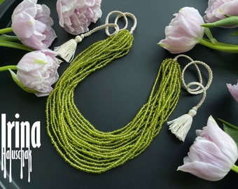 Green bead necklace Multistrand Light green necklace with tassels Boho style jewelry Shiny jewelry necklace