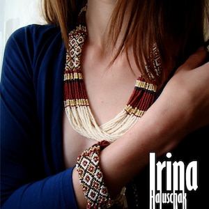 Jewelry Set Beaded necklace Seed bead bracelet Gold and brown Ukraine jewelry Vyshyvanka necklace Folk bead bracelet Statement Beadwork