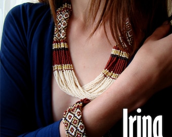 Jewelry Set Beaded necklace Seed bead bracelet Gold and brown Ukraine jewelry Vyshyvanka necklace Folk bead bracelet Statement Beadwork
