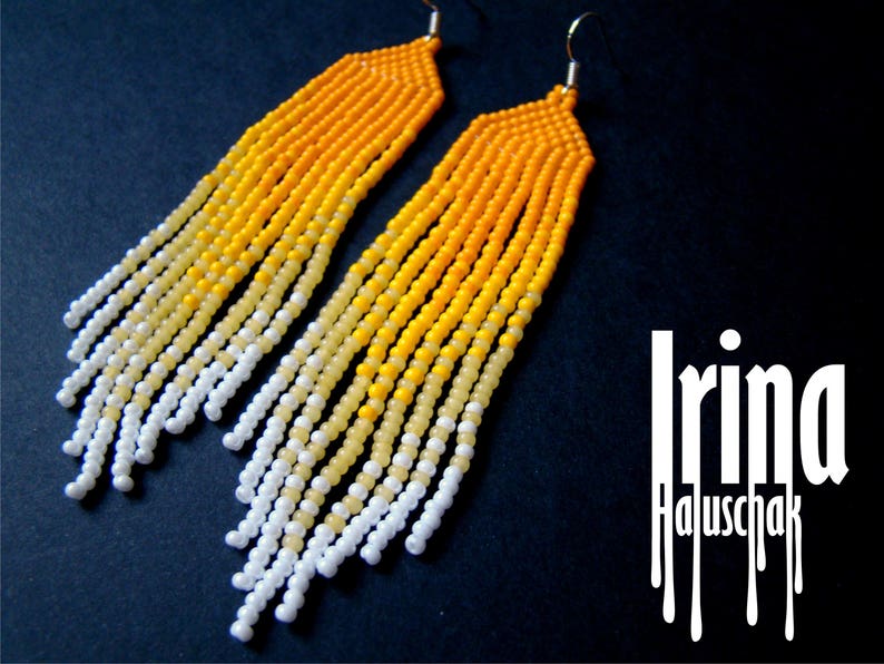 Long Gradient Yellow Earrings Beaded Earrings Seed Beads Etsy