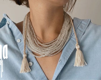 Silver bead necklace Multistrand necklace with tassels Boho style jewelry Shiny jewelry necklace