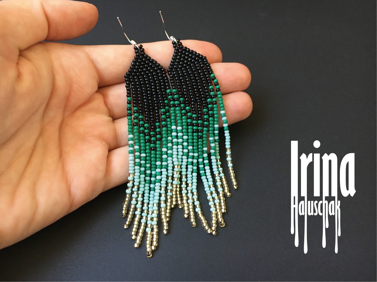 P Diamond Seed bead drop earrings Black
