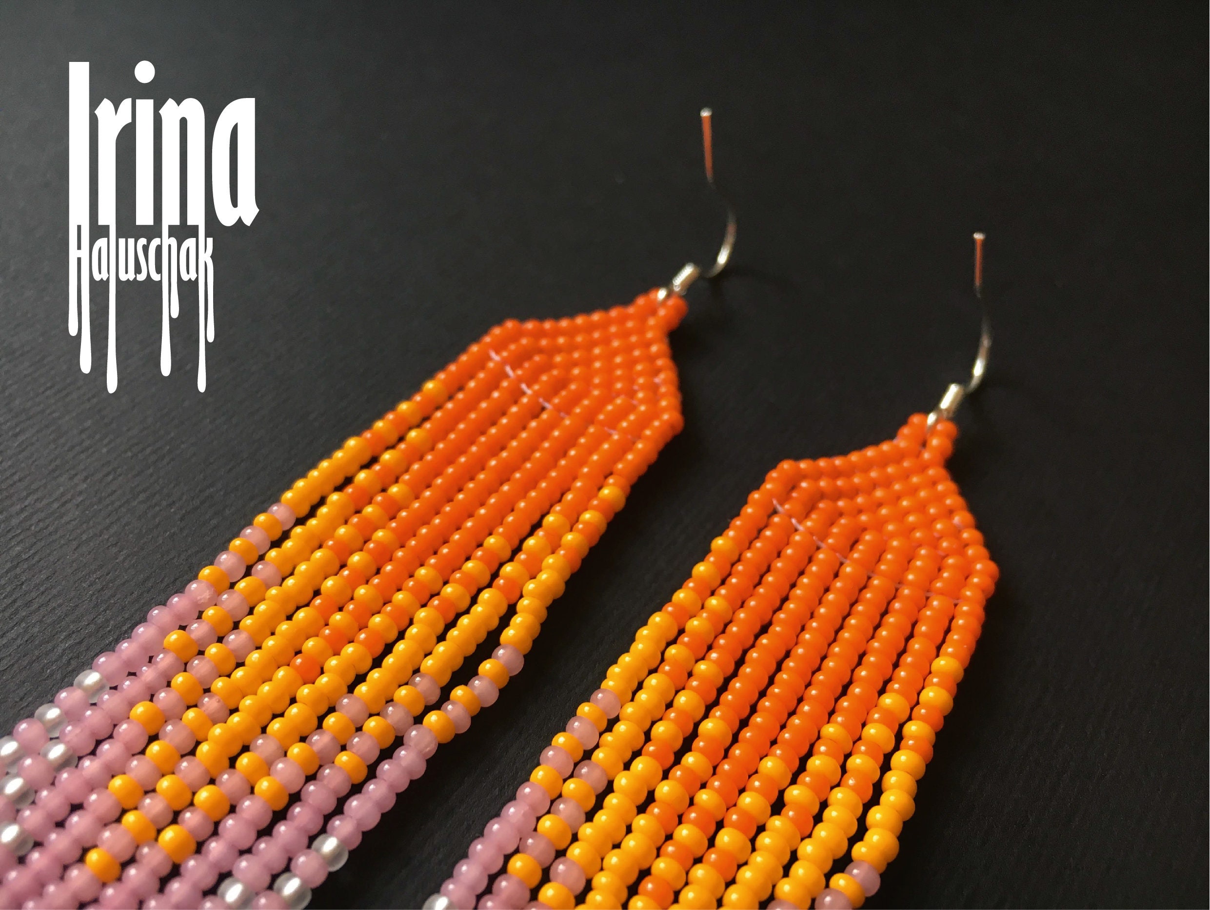 Orange beaded earrings Delicate pink seed bead earrings Long | Etsy