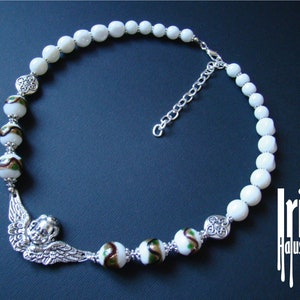 White Venetian bead Necklace with angel pendant Bohemian necklace Statement necklace Unique gift for her