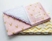 Burp Cloth set- Set of 2, Pink and gold, Gold deer on pink, girl burp cloth set, chenille burp cloth set, baby shower gift