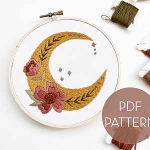 Floral Moon Embroidery Pattern / Celestial Embroidery Pattern / Boho Embroidery / PDF pattern / Digital download / DIY Embroidery