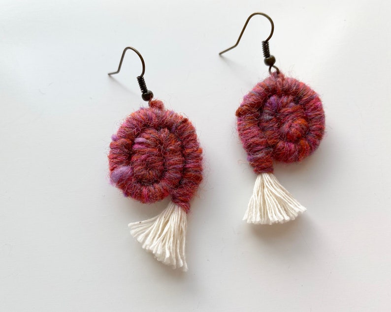 Pink Round Earrings Boho Tassel Earrings Fiber Wrapped Earrings Modern Boho Earrings Fiber Jewelry